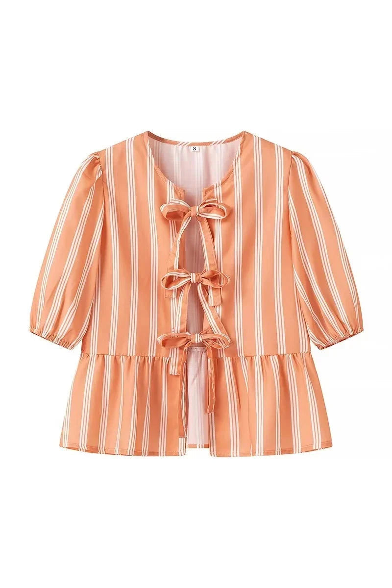 Beatrice | Striped Blouse with Puff Sleeves, Peplum, and Bows