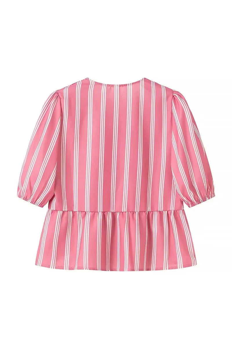 Beatrice | Striped Blouse with Puff Sleeves, Peplum, and Bows