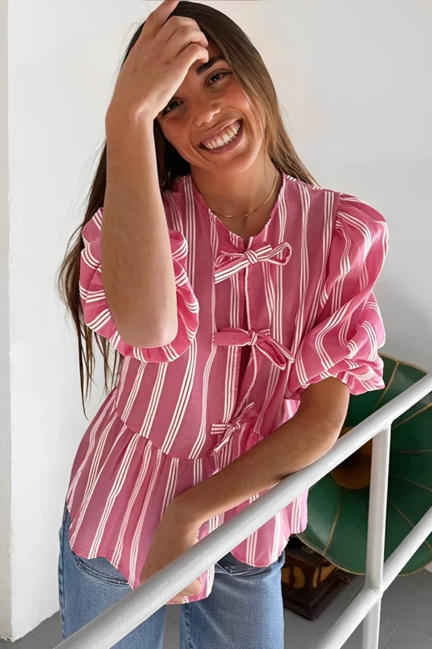Beatrice | Striped Blouse with Puff Sleeves, Peplum, and Bows