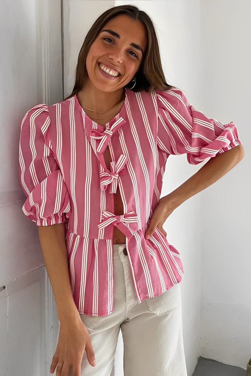 Beatrice | Striped Blouse with Puff Sleeves, Peplum, and Bows